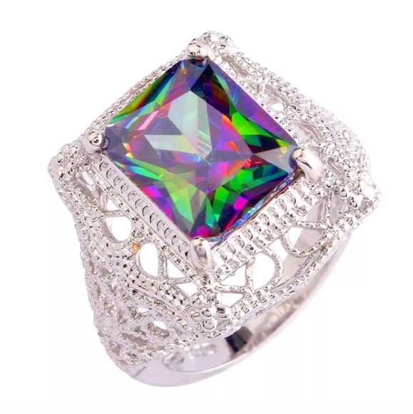 New Emerald Cut Mystic Topaz Silver Statement Ring. - Picture 2 of 16